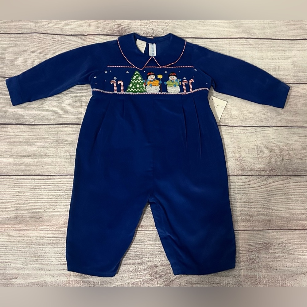 NWT Vive La Fete Corduroy Smocked Snowman Christmas Candy Cane Longall Sz 6 M